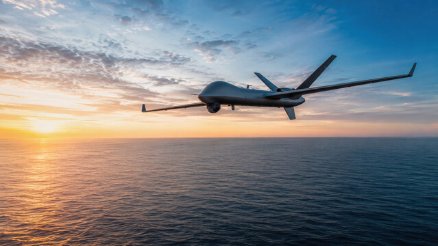 Military Surveillance Drone Flying Over Ocean at Sunset