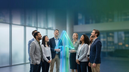 Obraz premium Businesspeople diverse group looking up at glowing success arrow in modern office building