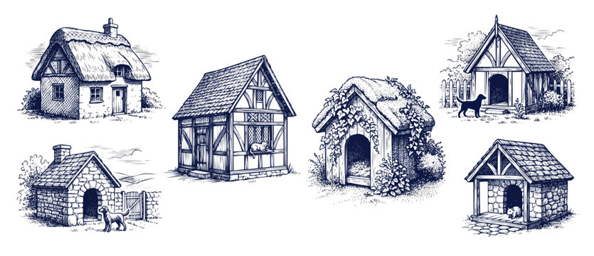 Vintage cottage dog house illustrations featuring rustic wooden kennels and medieval timbered houses on white background in a detailed hand drawn engraving and ink sketch style for old retro themes.