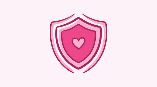 Pink shield icon with heart symbol, protection and love concept, vector illustration