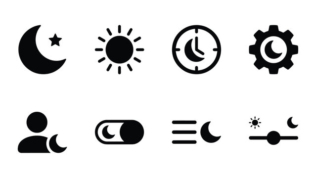 Day Night Mode Icons: Moon, Sun, Clock, Toggle Switch, Settings
