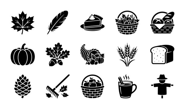 Autumn harvest icon set with 15 black vector symbols, thanksgiving holiday elements, fall season silhouettes for festive greeting cards and menus