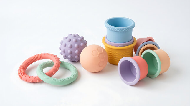Colorful silicone baby toys including soft textured stacking cups a bumpy purple sensory ball and flexible teething rings arranged neatly on a clean white surface for young children to play