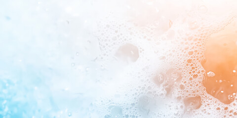 Fototapeta premium Clear water surface with bubbles and a gradient of blue and orange hues. High resolution digital texture. Suitable for backgrounds, design projects, and aquatic themed visuals.