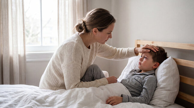 Woman checking man's forehead for fever in bed