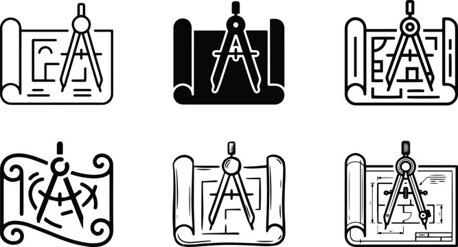 Drafting compass tool architectural blueprint icon set representing engineering project plan layout construction workflow geometric design measurement schematic and structural illustration