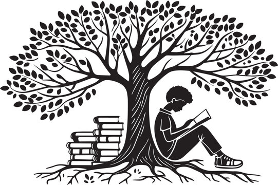 Black and white illustration of a person reading under a tree with books