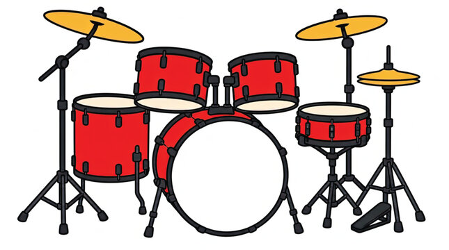 Red drum set with cymbals.