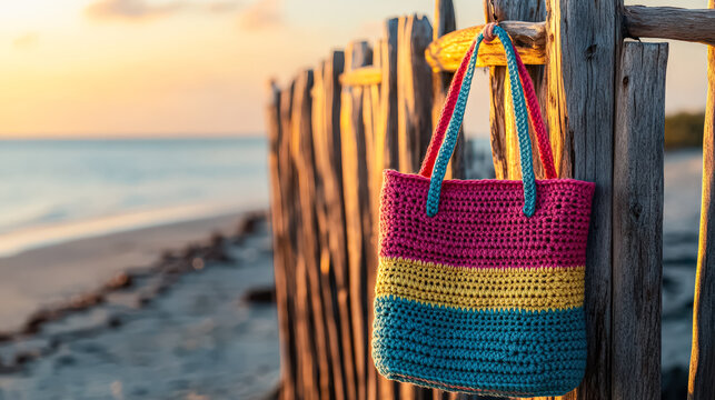 A vibrant crocheted tote bag with colorful stripes hangs on a wooden fence by the beach. Captured in natural light photography. Suitable for summer fashion, travel blogs, and beach themed promotions.