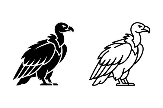 Stylized black and white illustrations of a vulture standing on white background