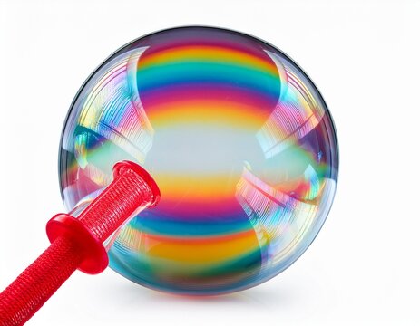 large iridescent soap bubble and red plastic bubble wand isolated on white background