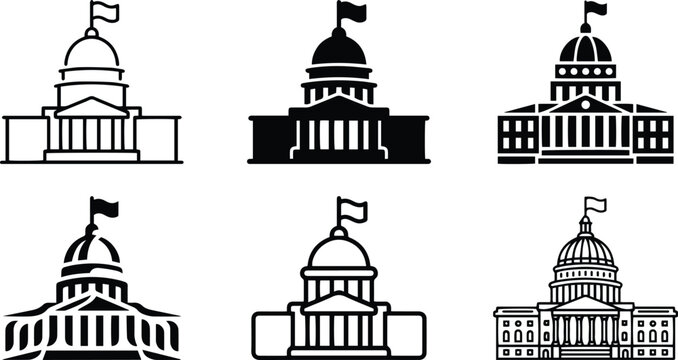Government capitol building dome landmark icon set representing historic washington architecture state courthouse congress administration department municipality supreme court political graphic