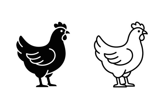 Simple black and white chicken icons for farm or poultry themes