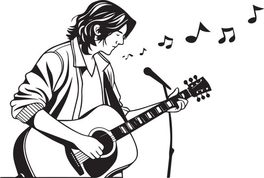 Man playing acoustic guitar and singing into a microphone isolated on white background
