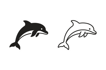 Naklejka premium Two stylized dolphins, one solid black and one outline, leaping