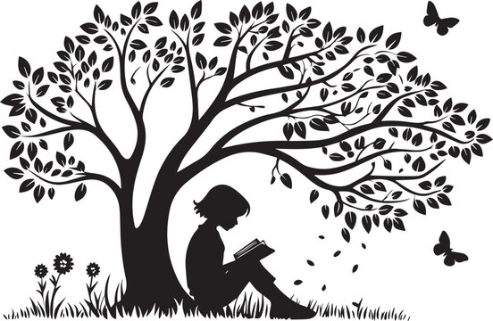 Silhouette of a child reading under a tree isolated on white background