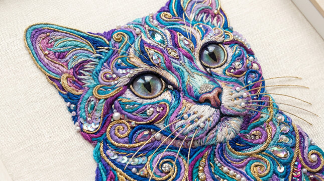 Luxury Pearl Embroidered Colorful Cat Portrait on Fabric