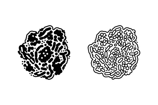Microscopic view of bacteria colonies, showing diverse shapes and sizes in black and white illustration
