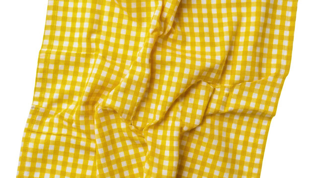Wrinkled yellow and white checkered picnic cloth fabric isolated on transparent background