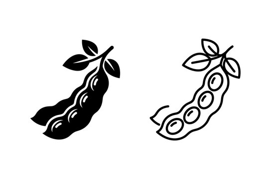 Two stylized icons of soybean pods with leaves, one solid black and one outline