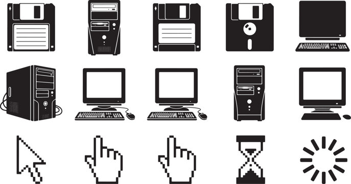 Y2K Retro Computer and Internet Technology Icons Set Black Silhouette Collection