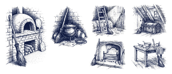 Naklejka premium Rustic medieval fireplace witch broom sketch set featuring vintage stone oven cauldron attic chest and cottage kitchen illustrations for fantasy folklore halloween graphic design elements.