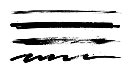 Set of four hand drawn brush stroke lines in black ink isolated on transparent background © Designer