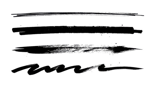 Set of four hand drawn brush stroke lines in black ink isolated on transparent background