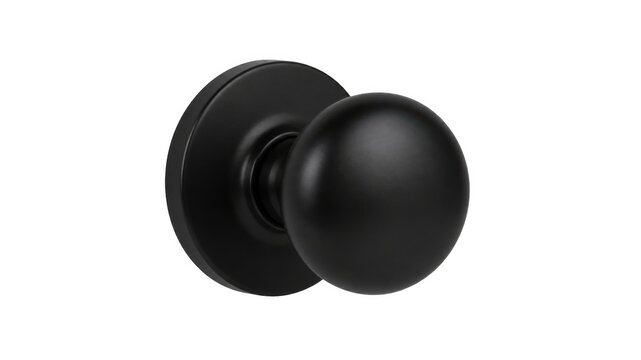 Black door knob for entryway or room, mounted on a circular base with a simple design