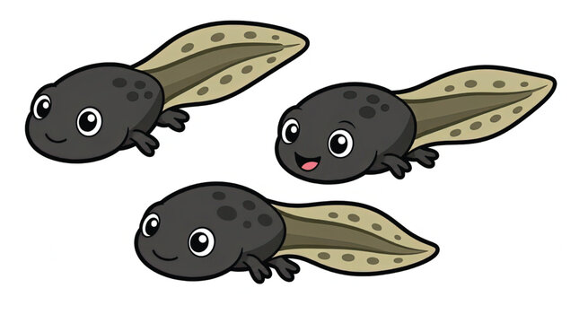 Three cartoon tadpoles with wings smiling.