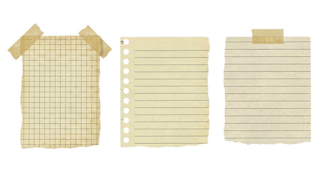 Set of old vintage paper sheets with tape attached for notes isolated on transparent background