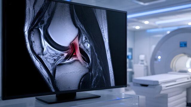 Knee PCL injury radiology concept with posterior cruciate ligament tear in MRI style medical imaging of knee joint for orthopedic diagnosis, sports medicine education, and patient care design use