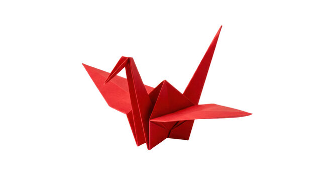 Red paper origami crane bird craft isolated on transparent background