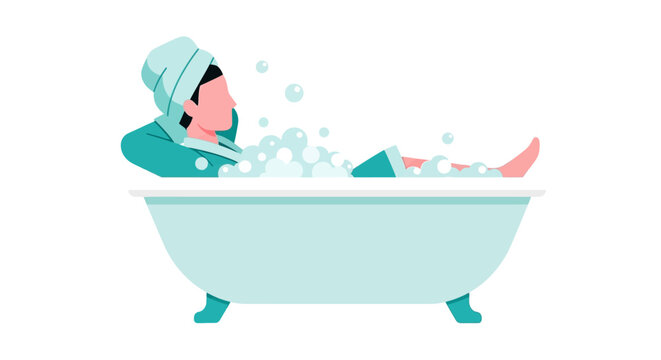 Minimalist Flat Illustration of a Woman Relaxing in a Bubble Bath, Self-Care and Wellness Concept, Vector Spa and Hygiene Scene Isolated on White