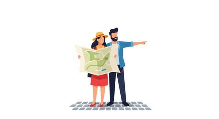 Fototapeta premium Couple of Tourists Navigating with Map Vector Illustration. Man and Woman Travelers Exploring City, Finding Direction and Sightseeing. Modern Flat Character Design.