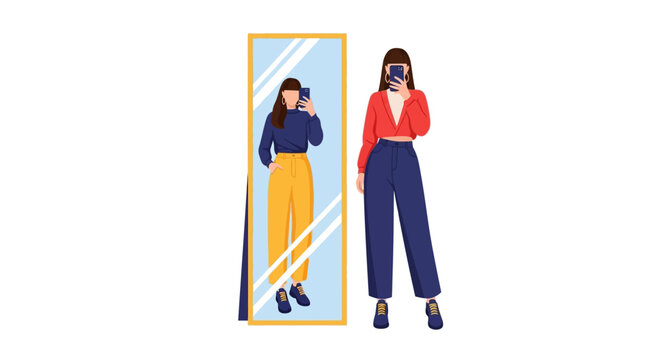 Woman Taking Mirror Selfie Illustration - Concept of Fashion Style and Different Outfits