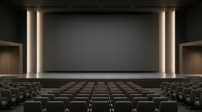Modern lecture hall interior with a large empty screen for professional apresenta&ccedil;&atilde;o and business corporate meetings in a dark minimalist auditorium setting