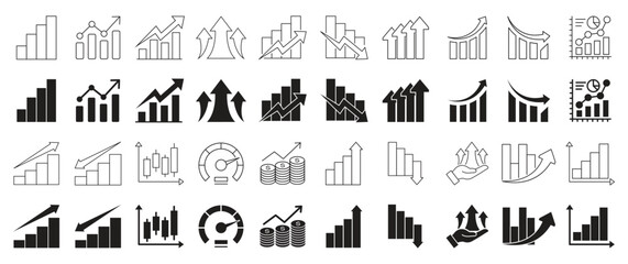 Fototapeta premium Growth analytics icons set. Business performance, financial charts, revenue growth, market trends, bar graph, line chart, arrow, outline and solid vector collection.