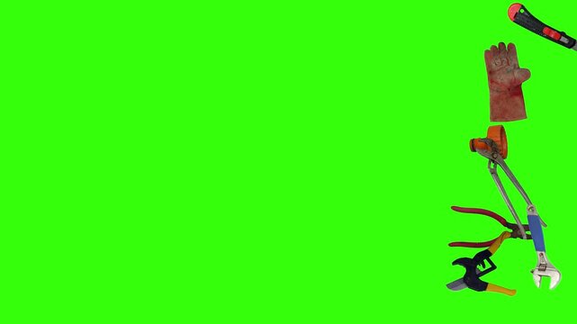 Various plumber tools and supplies falling against a bright green background