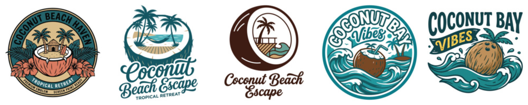Set of tropical coconut beach logo designs with palm trees, ocean waves, and summer vibes, perfect for apparel, stickers, and branding coconut vector t shirt vacation