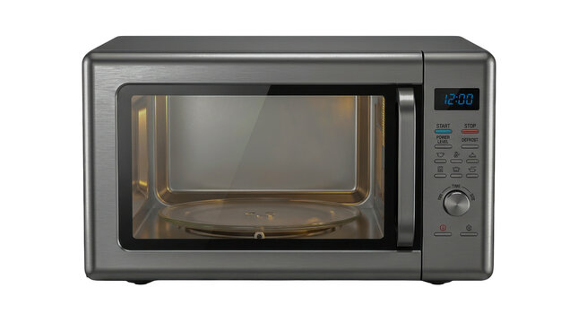 Modern silver microwave oven for kitchen cooking and food heating isolated on transparent background