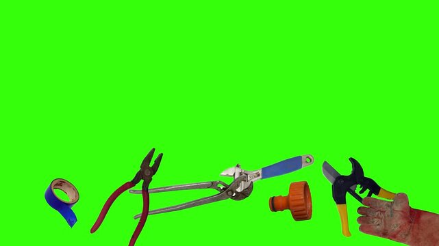 Various plumber tools and supplies falling against a bright green background