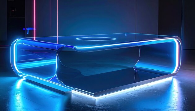 Sleek futuristic acrylic console table illuminated with vibrant blue and purple neon lights