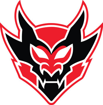 Stylized black and red predatory demon animal head with sharp fangs and an aggressive snarling expression
