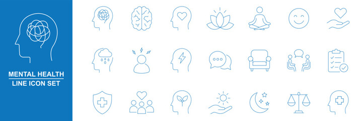 Mental health web icons in line style. Depression, psychotherapy, psychological, bipolar, negative thinking, obsession, collection. Editable stroke. Vector illustration. Mental wellness and self care © Hike Studio 2