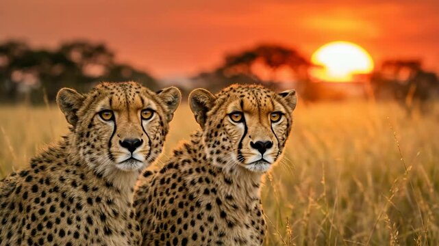 two cheetah close up at masai mara kenya red sun golden light landscape video