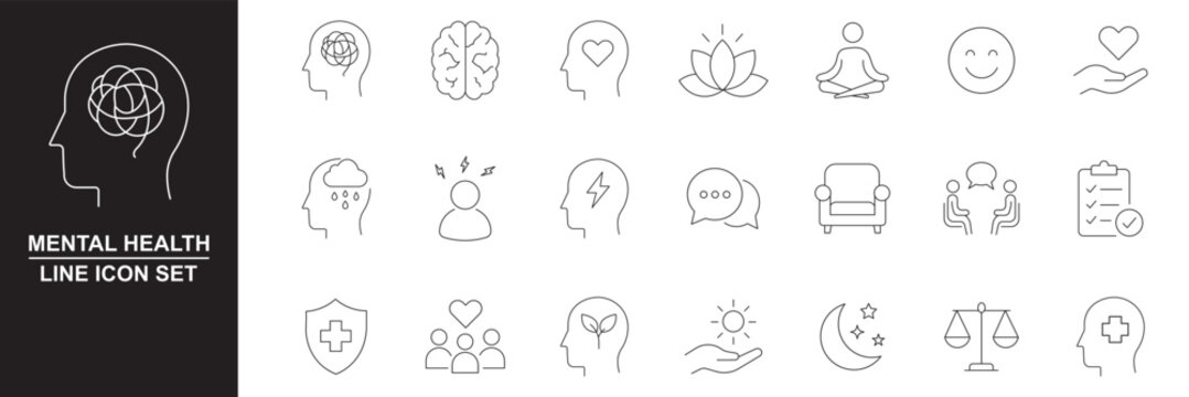 Mental health web icons in line style. Depression, psychotherapy, psychological, bipolar, negative thinking, obsession, collection. Editable stroke. Vector illustration. Mental wellness and self care