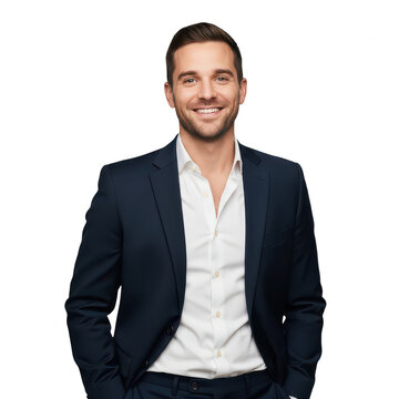 Smiling young businessman in a dark blue suit jacket isolated on transparent background