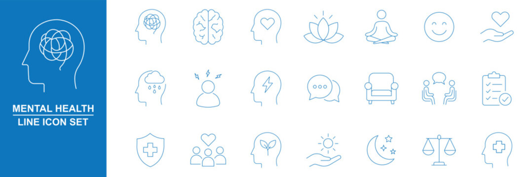 Mental health web icons in line style. Depression, psychotherapy, psychological, bipolar, negative thinking, obsession, collection. Editable stroke. Vector illustration. Mental wellness and self care