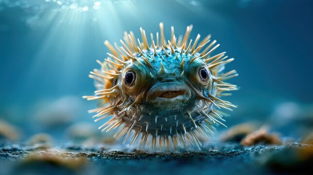 Close-up underwater photograph of a spiky pufferfish with curious eyes